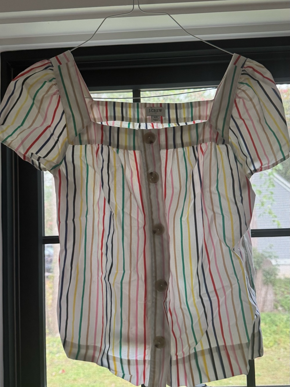J. Crew White Button-Front Square-Neck Top with Multicolor Stripes